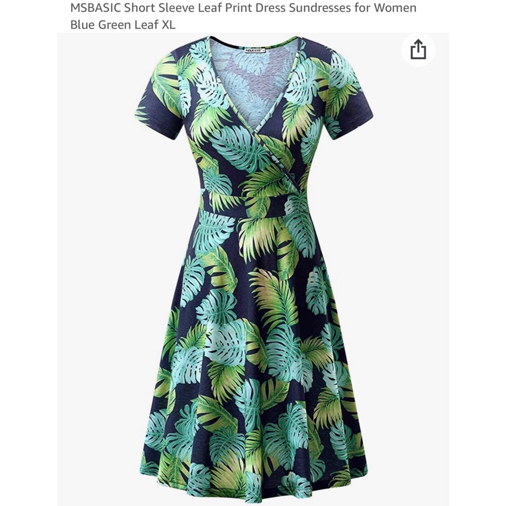 🍃MSBasics Jungle Leaf Print Dress Sundress Green Botanical A-Line Monstera Palm